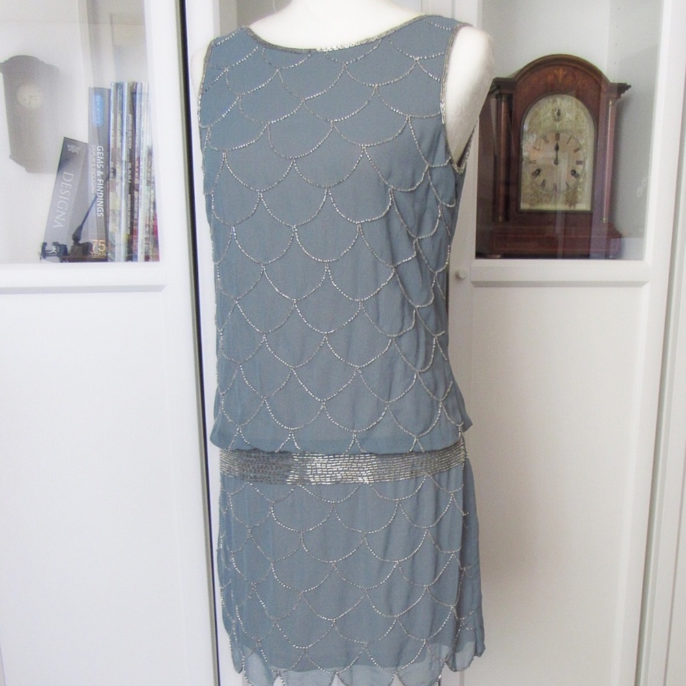 Adrianna Papell Slate Blue Beaded drop waist Dress